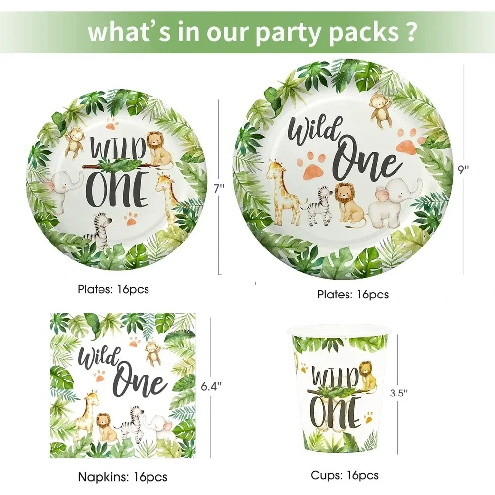 Wild one Jungle Safari First‎ Birthday Decorations for 24 Guests Over 220 Pieces